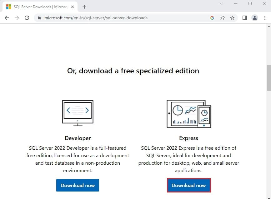 صفحه دانلود مایکروسافت SQL Server 2022 و انتخاب نسخه Express برای دانلود.