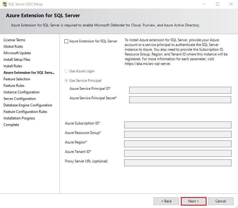 غیرفعال کردن Azure Extension for SQL Server در طول نصب.
