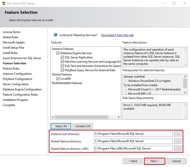 انتخاب قابلیتهای مورد نیاز برای نصب SQL Server 2022 (مانند Database Engine).
