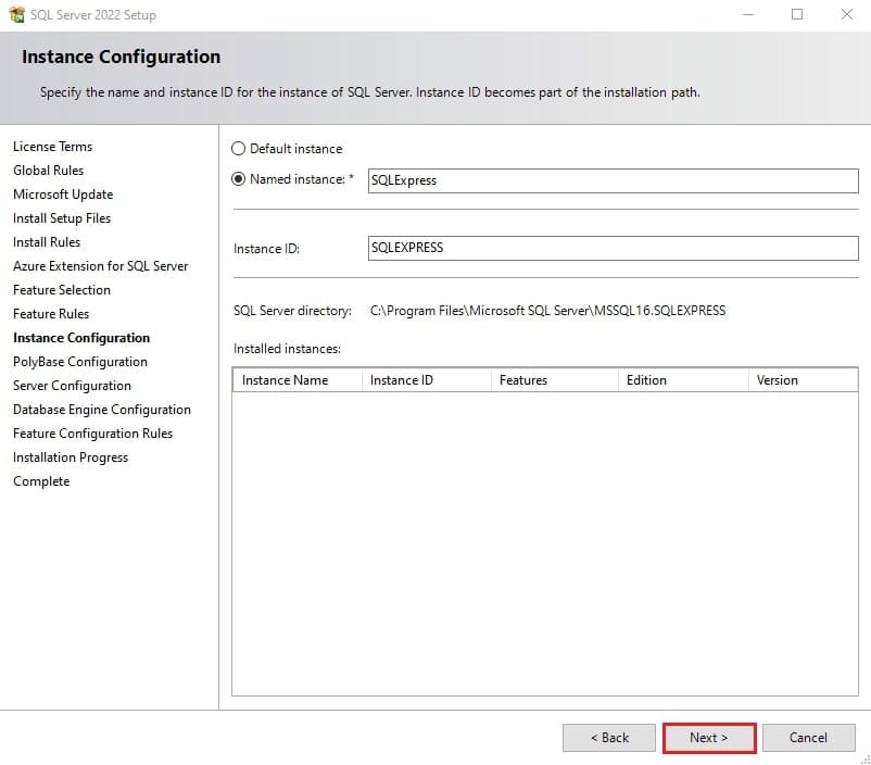 پیکربندی Instance در نصب SQL Server: استفاده از Named Instance پیشفرض SQLEXPRESS.