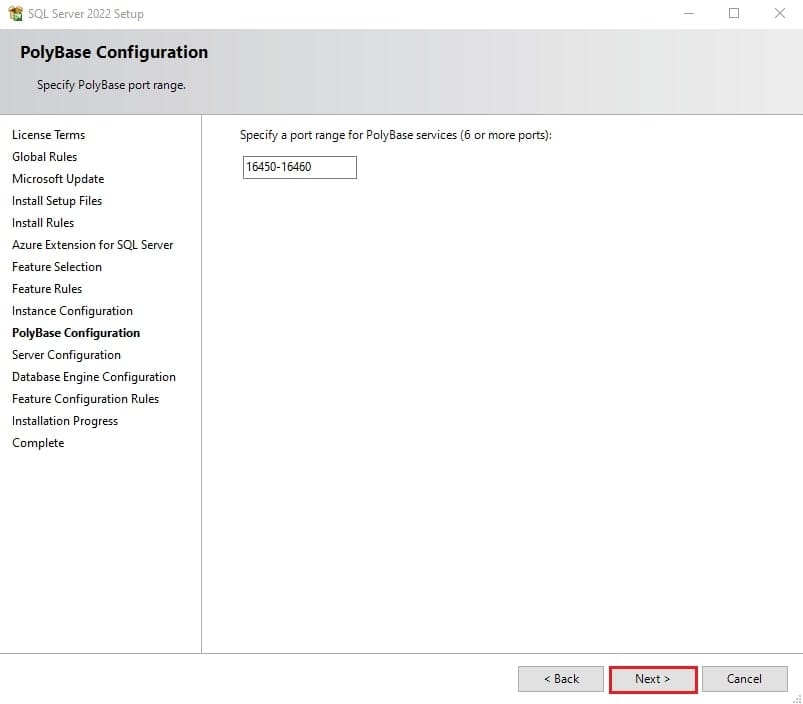 مرحله پیکربندی PolyBase در نصب SQL Server 2022.