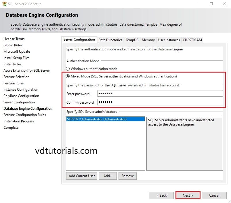 آموزش نصب اس کیو ال سرور 2022: انتخاب Mixed Mode Authentication، تنظیم رمز sa و افزودن کاربر فعلی به عنوان مدیر.
