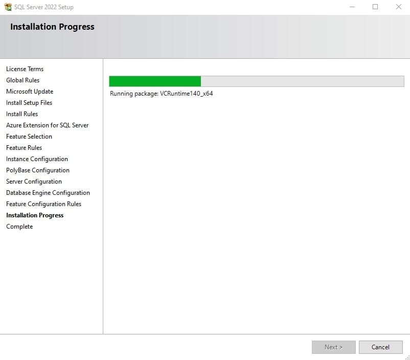 نمایش پیشرفت فرایند نصب SQL Server 2022.