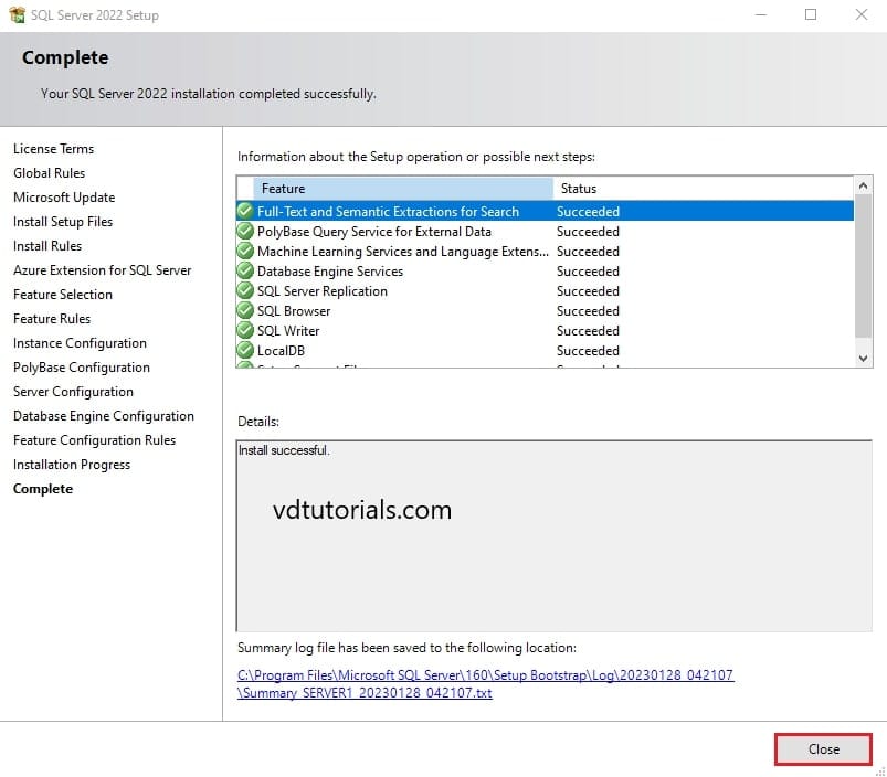 پیام موفقیت آمیز بودن نصب SQL Server 2022.