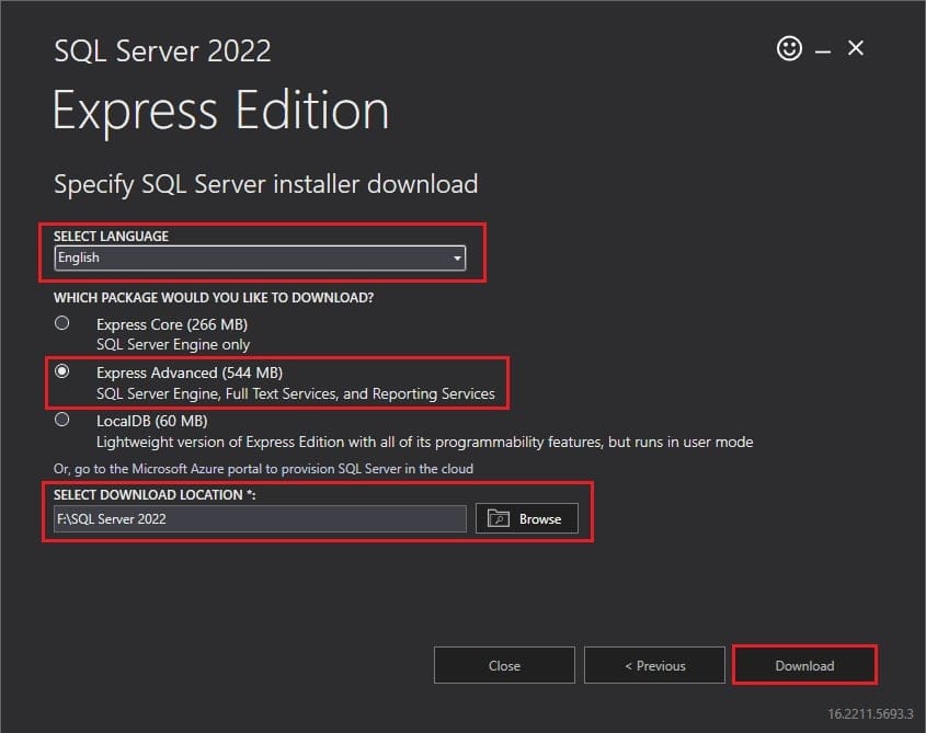 انتخاب زبان انگلیسی، پکیج Express Advanced و محل ذخیره فایل ISO برای دانلود SQL Server 2022.