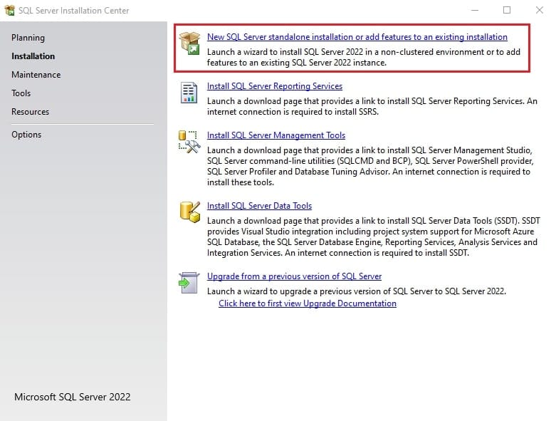 اجرای setup.exe و انتخاب گزینه New SQL Server stand-alone installation در Installation Centre.