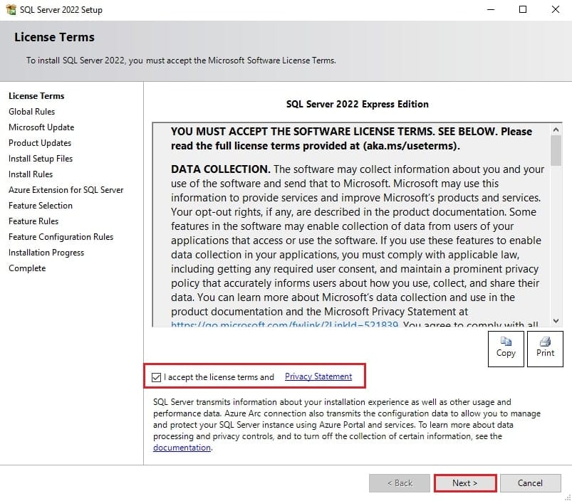 پذیرش شرایط لایسنس در مراحل نصب SQL Server 2022.