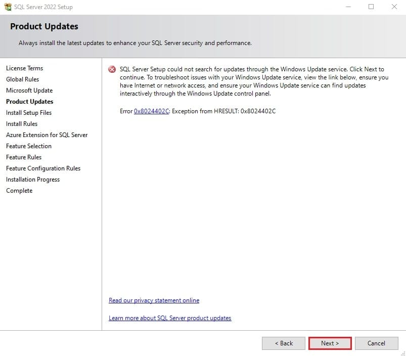 مرحله بررسی آپدیتهای محصول برای نصب کننده SQL Server 2022.