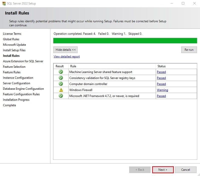 بررسی قوانین نصب SQL Server 2022 و نمایش نتایج (شامل هشدار فایروال).