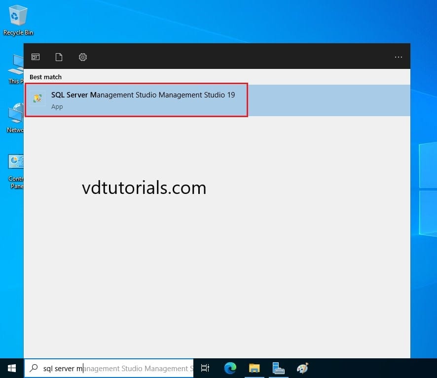 جستجو و اجرای SQL Server Management Studio 19 از منوی استارت.