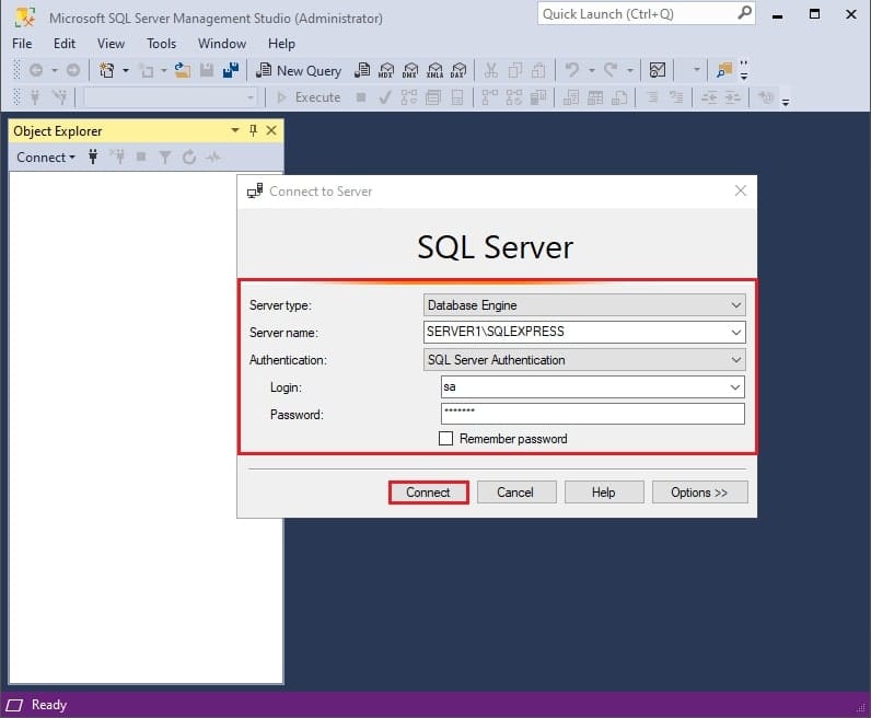 راهنمای نصب SQL Server در ویندوز سرور: وارد کردن اطلاعات اتصال به سرور در SSMS با کاربر sa.