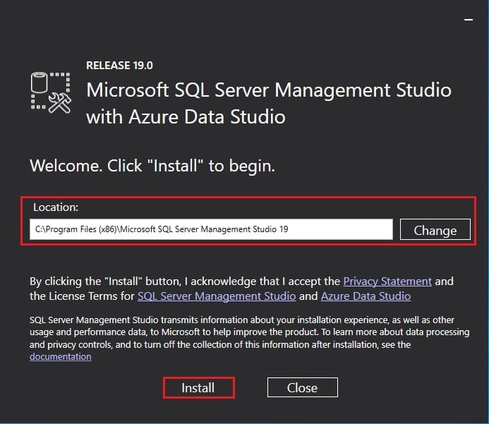اجرای نصب کننده SQL Server Management Studio (SSMS) و کلیک روی Install.