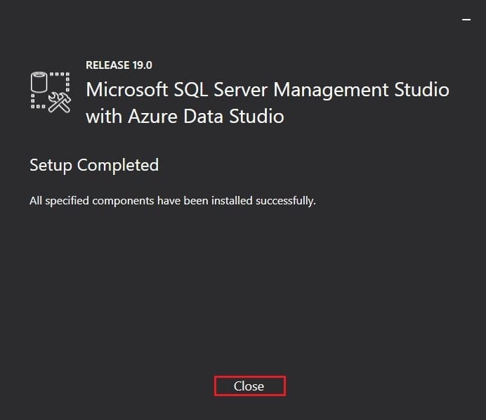 پیام اتمام موفقیت آمیز نصب SQL Server Management Studio.