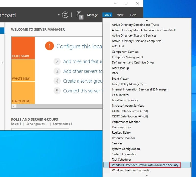 گام اول باز کردن پورت در فایروال ویندوز سرور 2022: انتخاب Windows Defender Firewall with Advanced Security از منوی Tools در Server Manager.