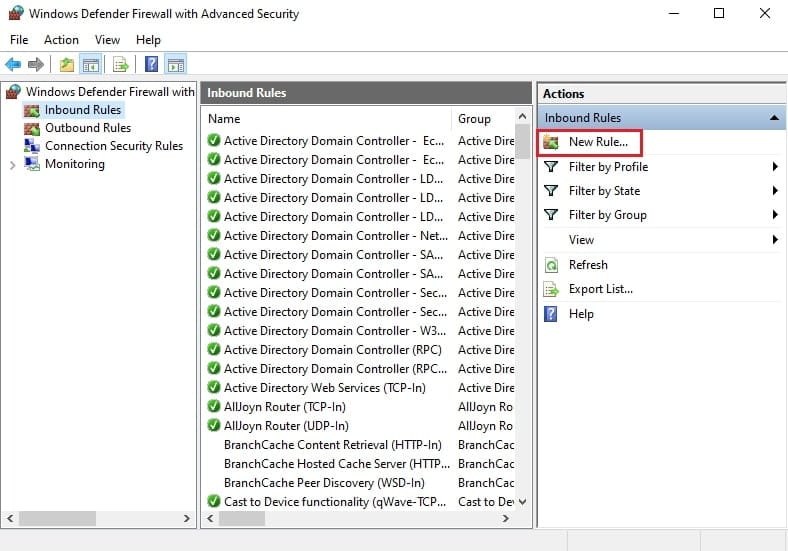 آموزش Windows Defender Firewall سرور 2022: انتخاب Inbound Rules و کلیک روی New Rule برای ایجاد قانون جدید