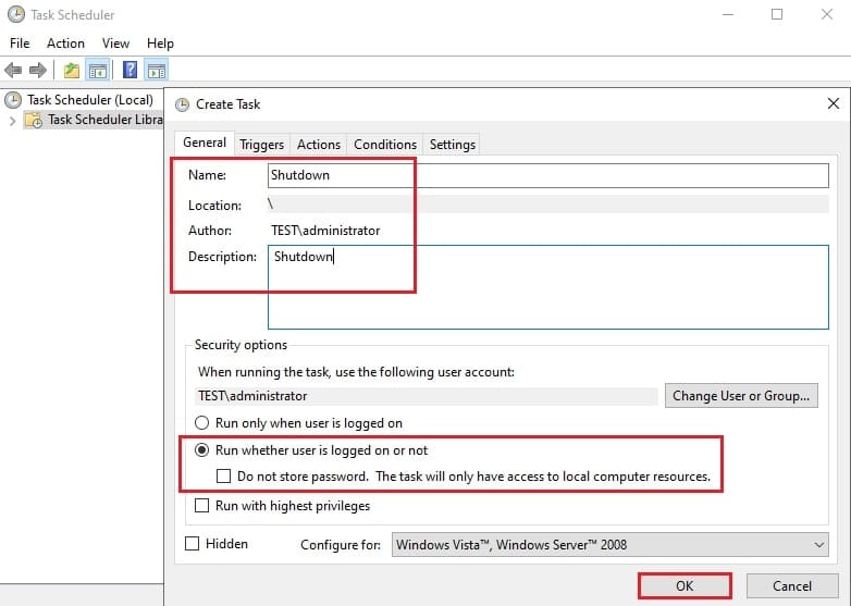 تنظیمات عمومی تسک خاموش شدن سرور: نامگذاری و انتخاب گزینه Run whether user is logged on or not.