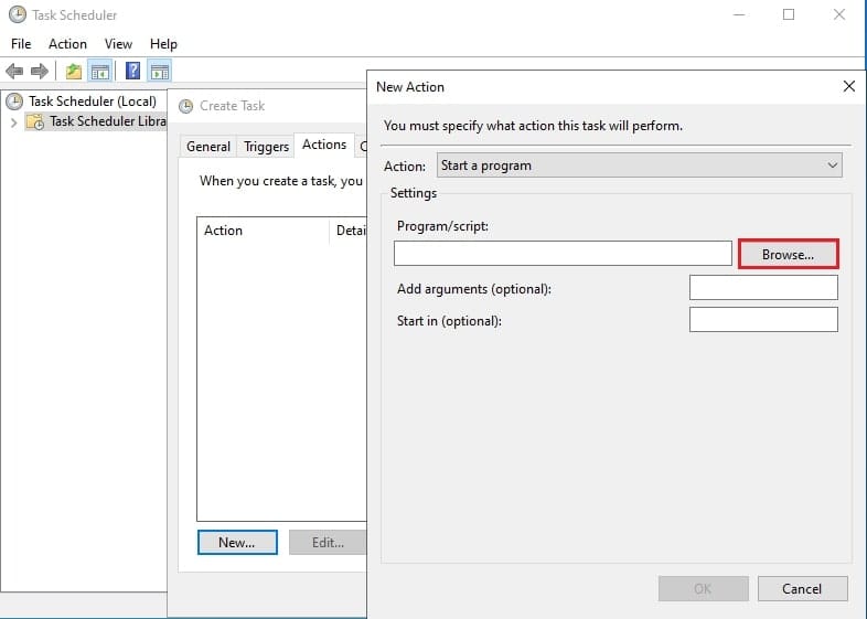 کلیک روی Browse در پنجره New Action برای پیدا کردن برنامه shutdown.exe.