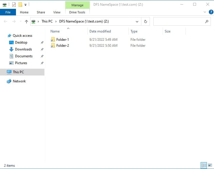 File Explorer که محتوای درایو شبکه Z: (متصل به فضای نام DFS \\test.com\DFS NameSpace) را با نمایش پوشههای Folder-1 و Folder-2 نشان میدهد.