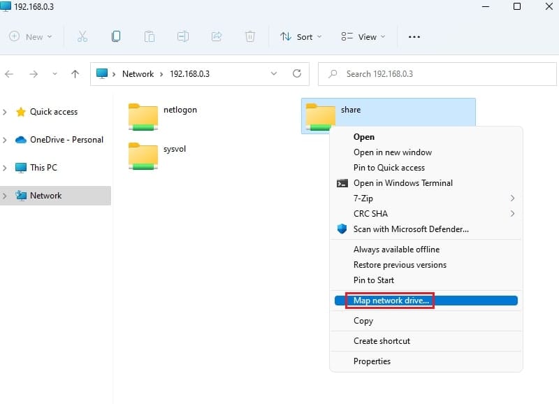 انتخاب گزینه Map network drive برای اتصال دائمیتر.