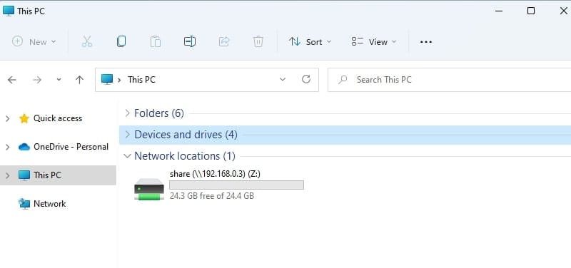 درایو شبکه با موفقیت ایجاد و در This PC قابل مشاهده است.