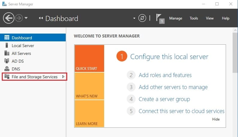 انتخاب File and Storage Services و سپس iSCSI در Server Manager ویندوز سرور برای شروع پیکربندی iSCSI Target Server.