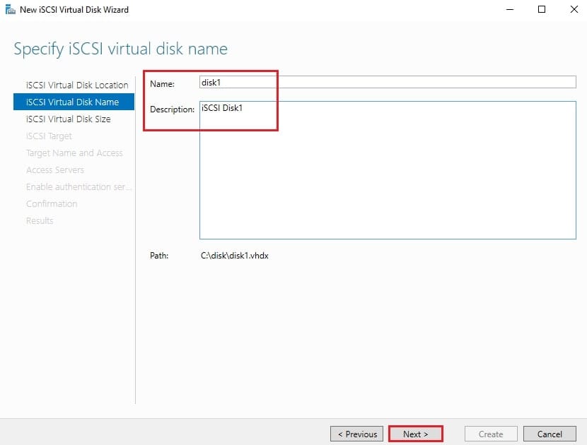 صفحه Specify iSCSI virtual disk name با وارد کردن نام disk1 و توضیحات iSCSI Disk1 برای دیسک مجازی در فرآیند پیکربندی iSCSI ویندوز سرور.