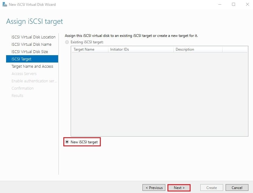 صفحه Assign iSCSI target با انتخاب گزینه New iSCSI target برای ایجاد یک تارگت جدید جهت ارائه دیسک مجازی در پیکربندی iSCSI ویندوز سرور.