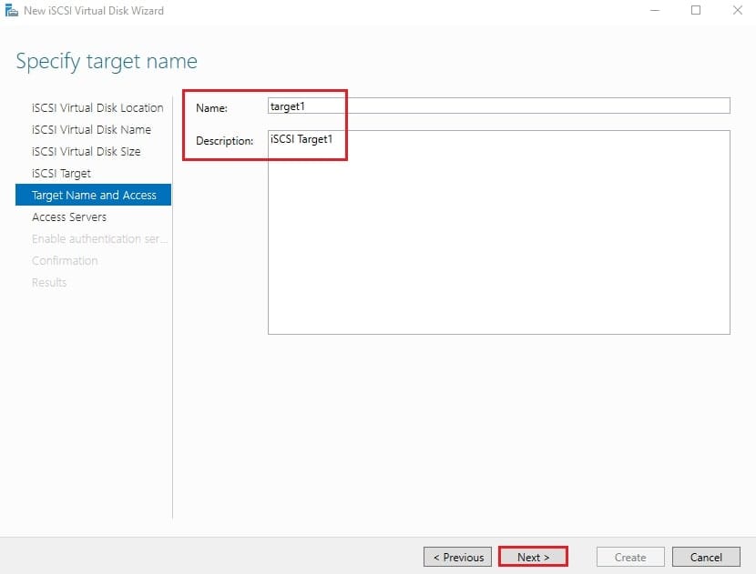صفحه Specify target name با وارد کردن نام target1 و توضیحات iSCSI Target1 برای iSCSI Target در فرآیند پیکربندی iSCSI ویندوز سرور.
