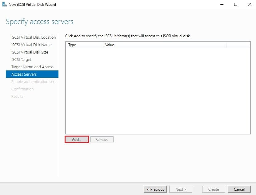 صفحه Specify access servers با کلیک بر روی دکمه Add برای تعیین iSCSI Initiatorهایی که مجاز به اتصال به این iSCSI Target هستند در پیکربندی iSCSI ویندوز سرور.