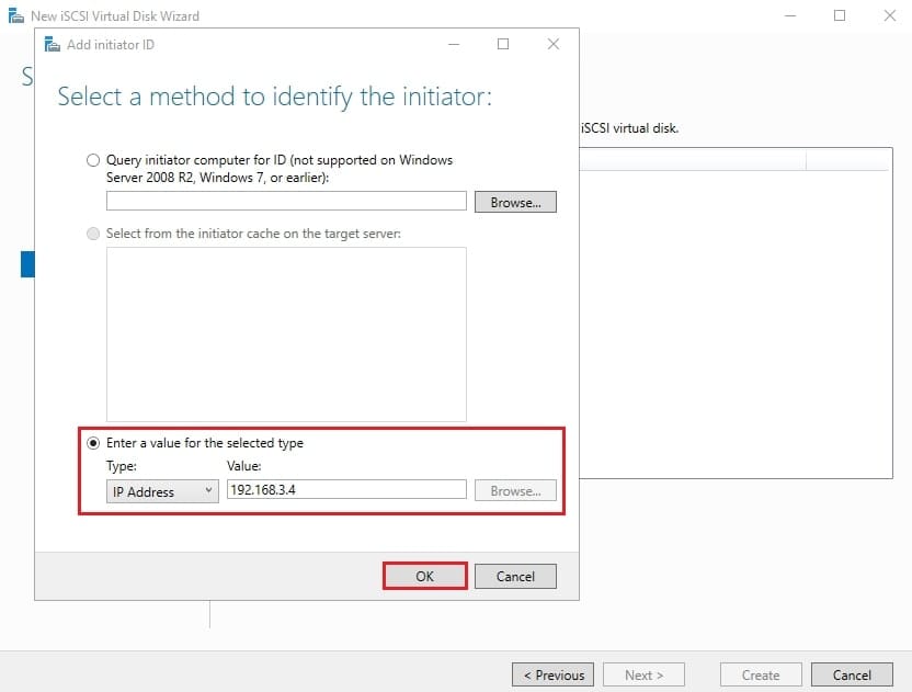 پنجره Add Initiator ID با انتخاب Type به عنوان IP Address و وارد کردن آدرس 192.168.3.4 برای iSCSI Initiator جهت اتصال iSCSI Initiator به Target.