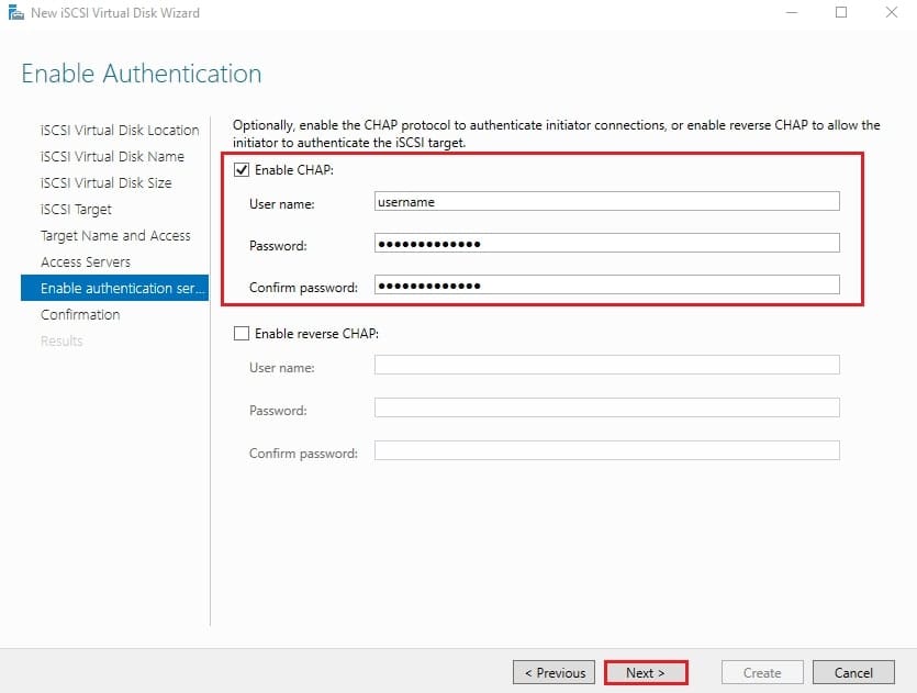 صفحه Enable Authentication با فعال کردن گزینه CHAP و وارد کردن نام کاربری و رمز عبور برای افزایش امنیت در پیکربندی iSCSI ویندوز سرور و مدیریت ذخیره‌سازی iSCSI.