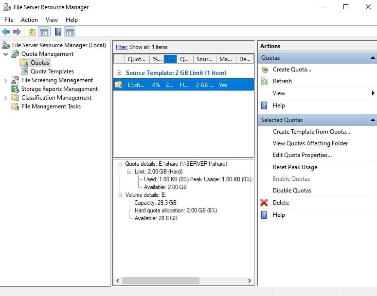 سول File Server Resource Manager که Quota جدید اعمال شده برای پوشه E:\share با محدودیت 2 گیگابایت را نمایش میدهد، نشاندهنده موفقیت در سهمیه بندی پوشه ویندوز سرور.