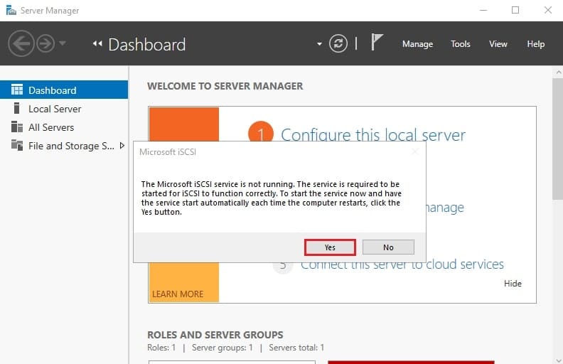 پنجره پیغام مبنی بر اجرا نبودن سرویس Microsoft iSCSI و کلیک بر روی Yes برای اجرای آن جهت اتصال iSCSI Initiator به Target.