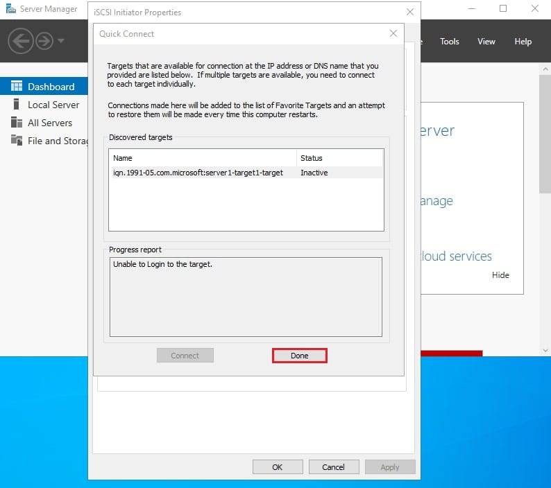 پنجره Quick Connect با نمایش iSCSI Target کشف شده (iqn.1991-05.com.microsoft:server1-target1-target) و کلیک بر Done طبق راهنمای تصویری برای اتصال iSCSI Initiator به Target.