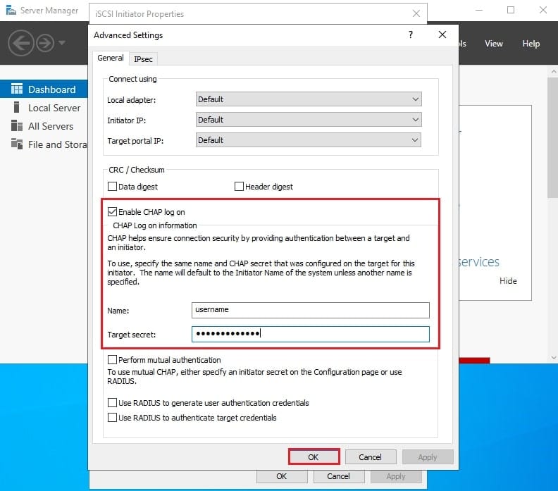 پنجره Advanced Settings با فعال کردن گزینه Enable CHAP log on و وارد کردن نام کاربری و Target secret برای احراز هویت در فرآیند اتصال iSCSI Initiator به Target.