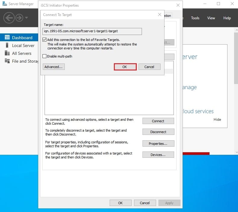 بازگشت به پنجره Connect To Target پس از تنظیمات CHAP و کلیک بر روی OK برای نهایی کردن اتصال iSCSI Initiator به Target.