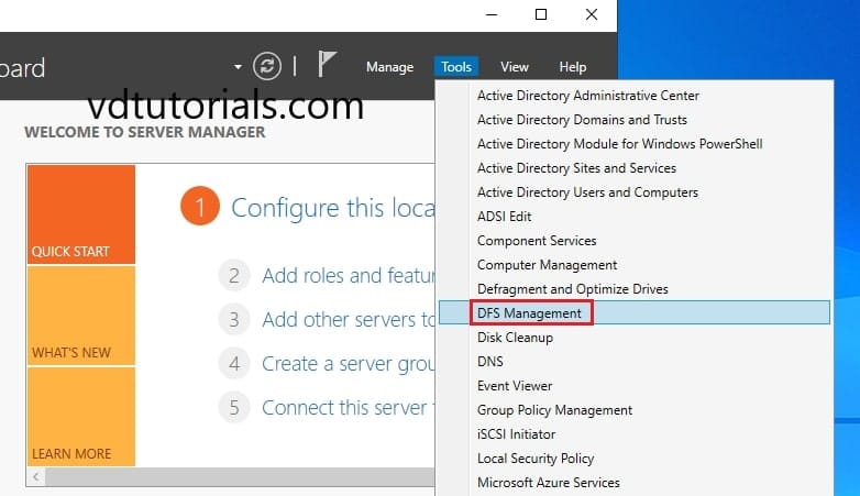 انتخاب گزینه DFS Management از منوی Tools در Server Manager ویندوز سرور برای شروع ایجاد فضای نام DFS.
