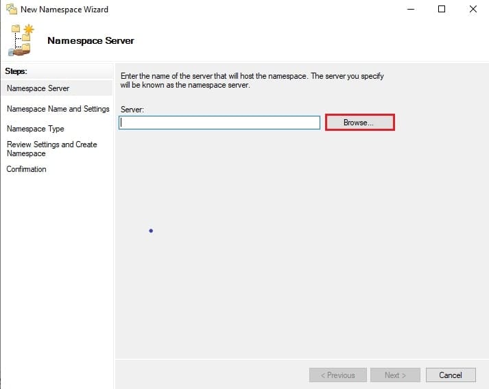 صفحه Namespace Server در ویزارد New Namespace با دکمه Browse هایلایت شده برای انتخاب سرور میزبان فضای نام DFS.