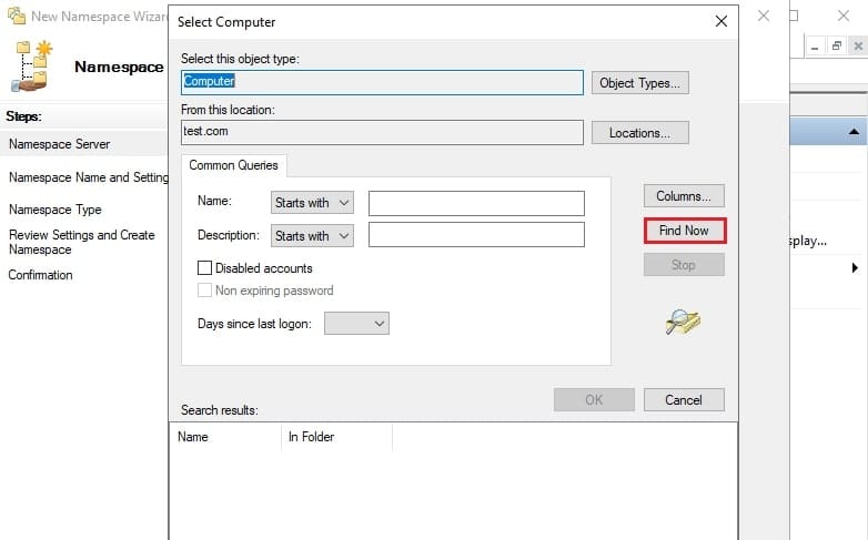 در پنجره پیشرفته "Select Computer"، برای نمایش لیستی از کامپیوترهای موجود در دامنه، روی دکمه "Find Now" که با کادر قرمز مشخص شده، کلیک کنید.