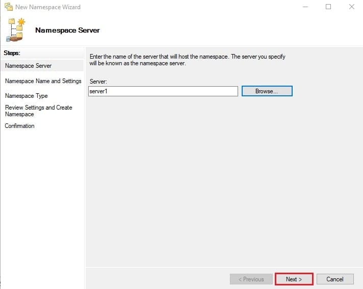 پس از انتخاب سرور، نام آن (server1) در فیلد "Server" در صفحه "Namespace Server" نمایش داده میشود. برای رفتن به مرحله بعد، روی دکمه "Next" که با کادر قرمز مشخص شده، کلیک کنید.