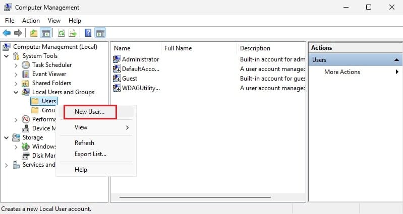 در بخش Users کنسول Computer Management، انتخاب گزینه New User برای آغاز فرآیند ایجاد کاربر محلی ویندوز سرور 2025 و مدیریت کاربران محلی ویندوز.