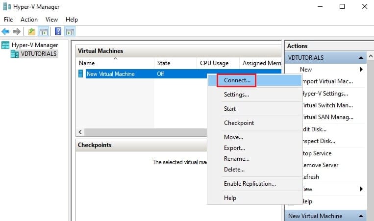 راست کلیک روی نام ماشین مجازی جدید در Hyper-V Manager و انتخاب گزینه Connect برای باز کردن پنجره کنسول VM.