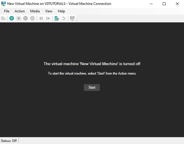 پنجره اتصال به ماشین مجازی و دکمه Start برای روشن کردن VM در Hyper-V