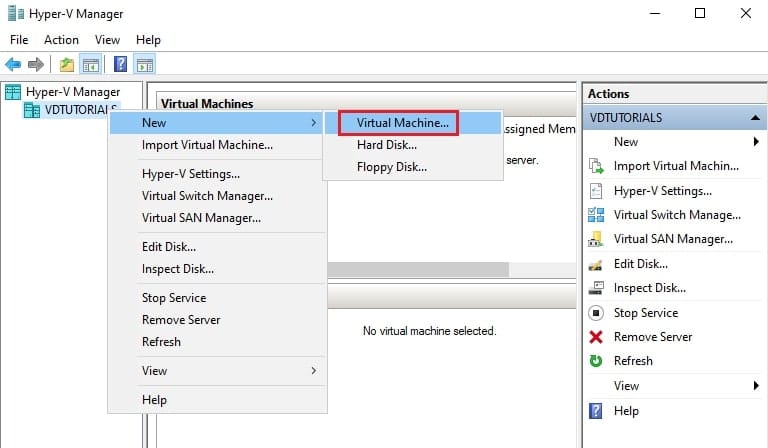 راست کلیک روی نام سرور در Hyper-V Manager و انتخاب گزینه New > Virtual Machine برای باز کردن ویزارد ساخت VM جدید.