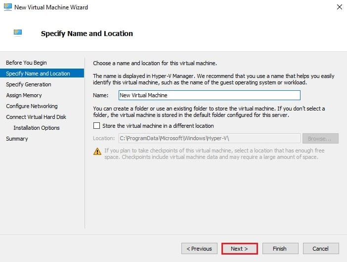 صفحه Specify Name and Location در ویزارد New Virtual Machine برای وارد کردن نام VM و انتخاب محل ذخیره فایل‌های آن در Hyper-V.