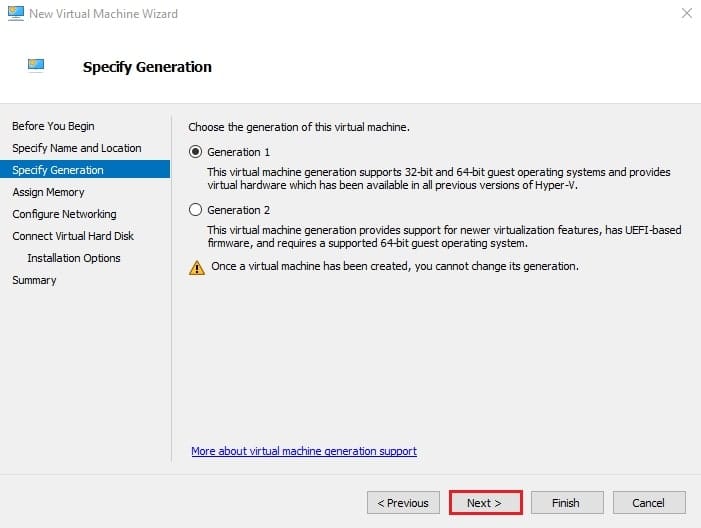 صفحه Specify Generation در ویزارد New Virtual Machine با گزینه‌های Generation 1 و Generation 2 برای تعیین نوع معماری ماشین مجازی Hyper-V.