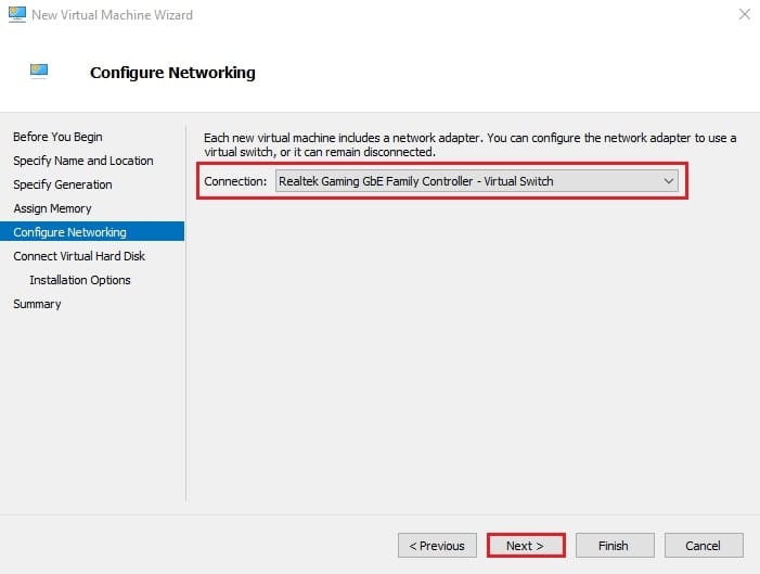 صفحه Configure Networking در ویزارد New Virtual Machine برای انتخاب یک Virtual Switch موجود جهت اتصال کارت شبکه ماشین مجازی Hyper-V به آن.