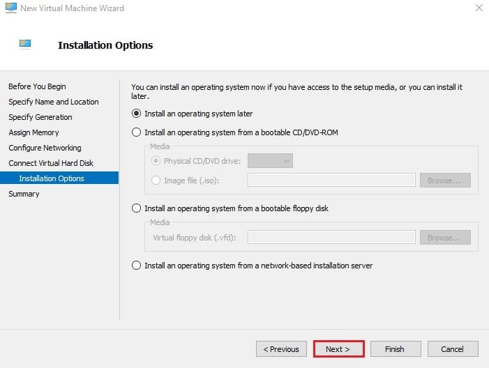 صفحه Installation Options در ویزارد New Virtual Machine با گزینه‌های مختلف برای نصب سیستم‌عامل روی VM در Hyper-V، مانند نصب بعدا یا از فایل ISO.