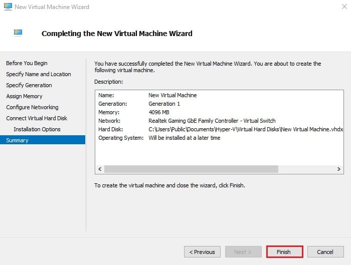 صفحه Completing the New Virtual Machine Wizard که خلاصه تنظیمات VM را نشان می‌دهد و با کلیک روی Finish ماشین مجازی در Hyper-V ایجاد می‌شود.