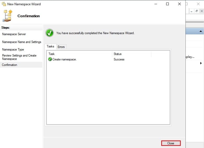 پیام موفقیتآمیز بودن ایجاد Namespace.